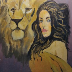 Veiling: Schilderij vrouw met leeuw (60*40 cm acryl op paneel)